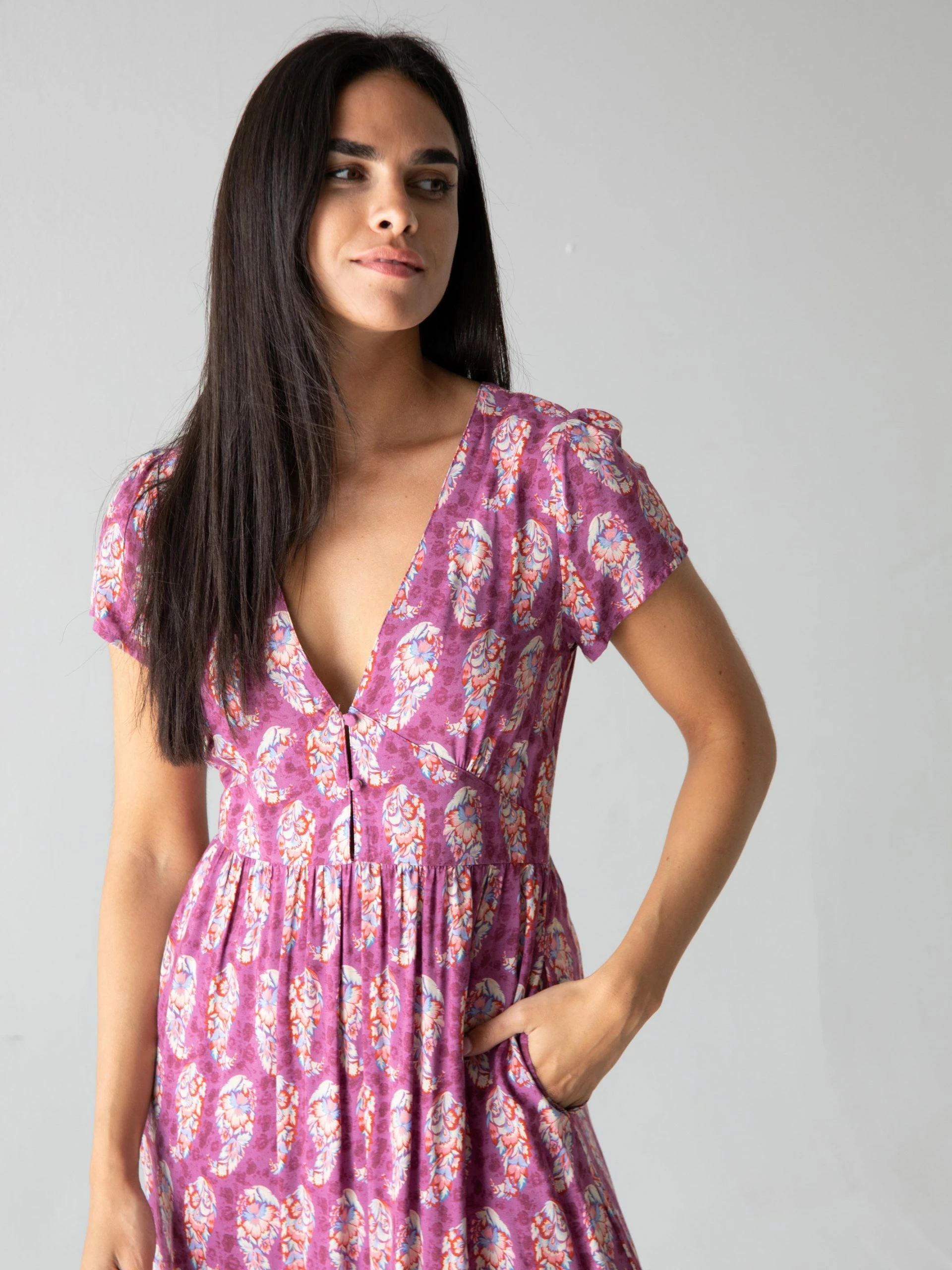 Natural Life Evangeline V-Neck Maxi Dress - Purple Border 4 Natural Life Evangeline V-Neck Maxi Dress - Purple Border - Image 2