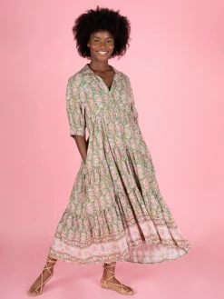 Natural Life Rebecca Tiered Dress - Light Green Floral Border -Natural Life Shop 1A2A0478