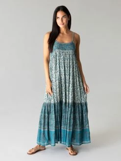 Natural Life Journey Boho Maxi Dress Teal - Floral Border