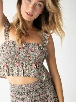 Natural Life Megan Smocked Top - Green Pink Leaf