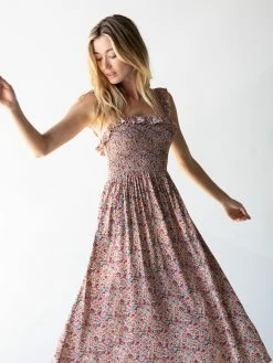 Natural Life Megan Smocked Midi Dress - Cream Pink Floral