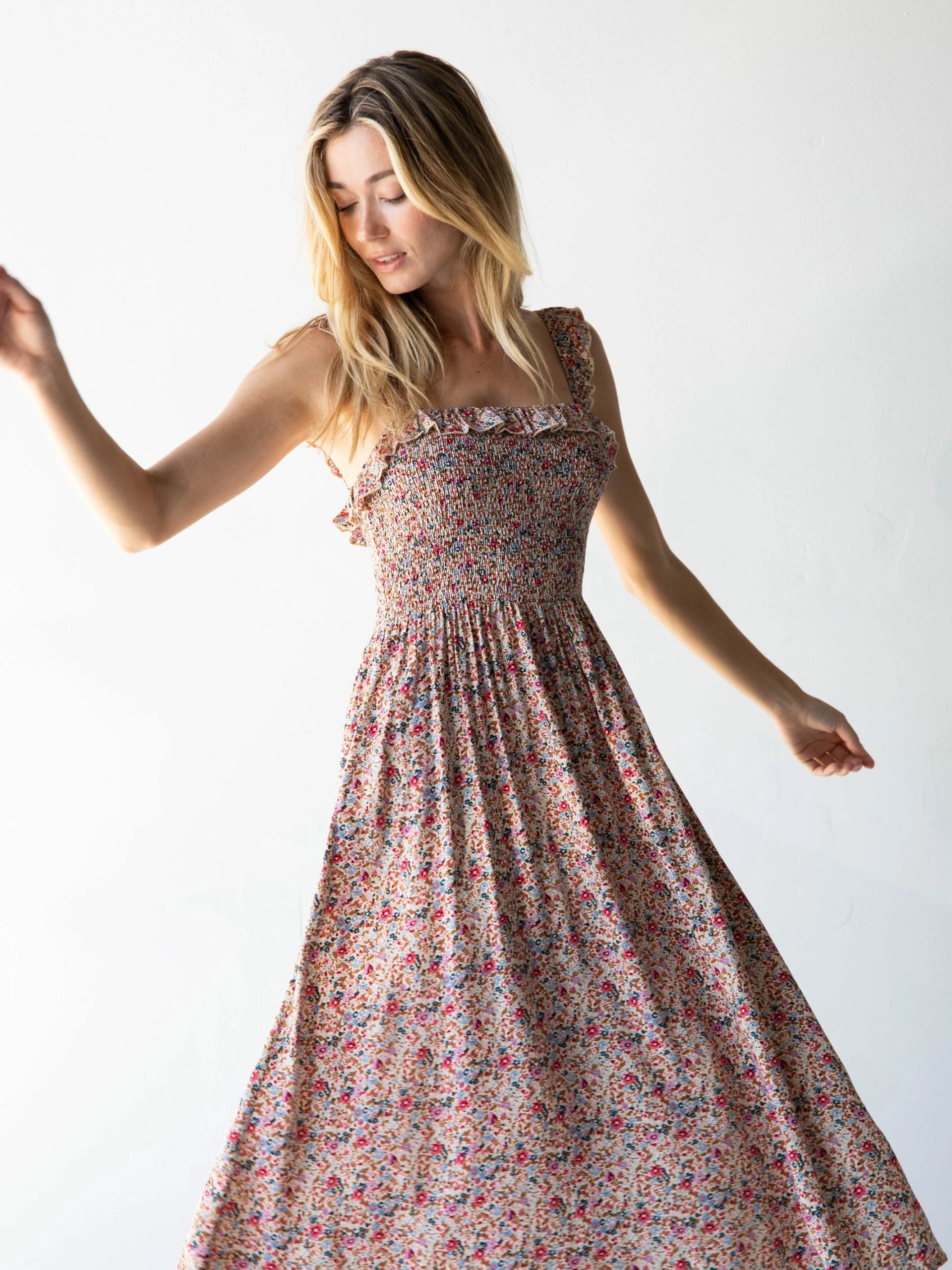 Natural Life Megan Smocked Midi Dress - Cream Pink Floral 3 Natural Life Megan Smocked Midi Dress - Cream Pink Floral