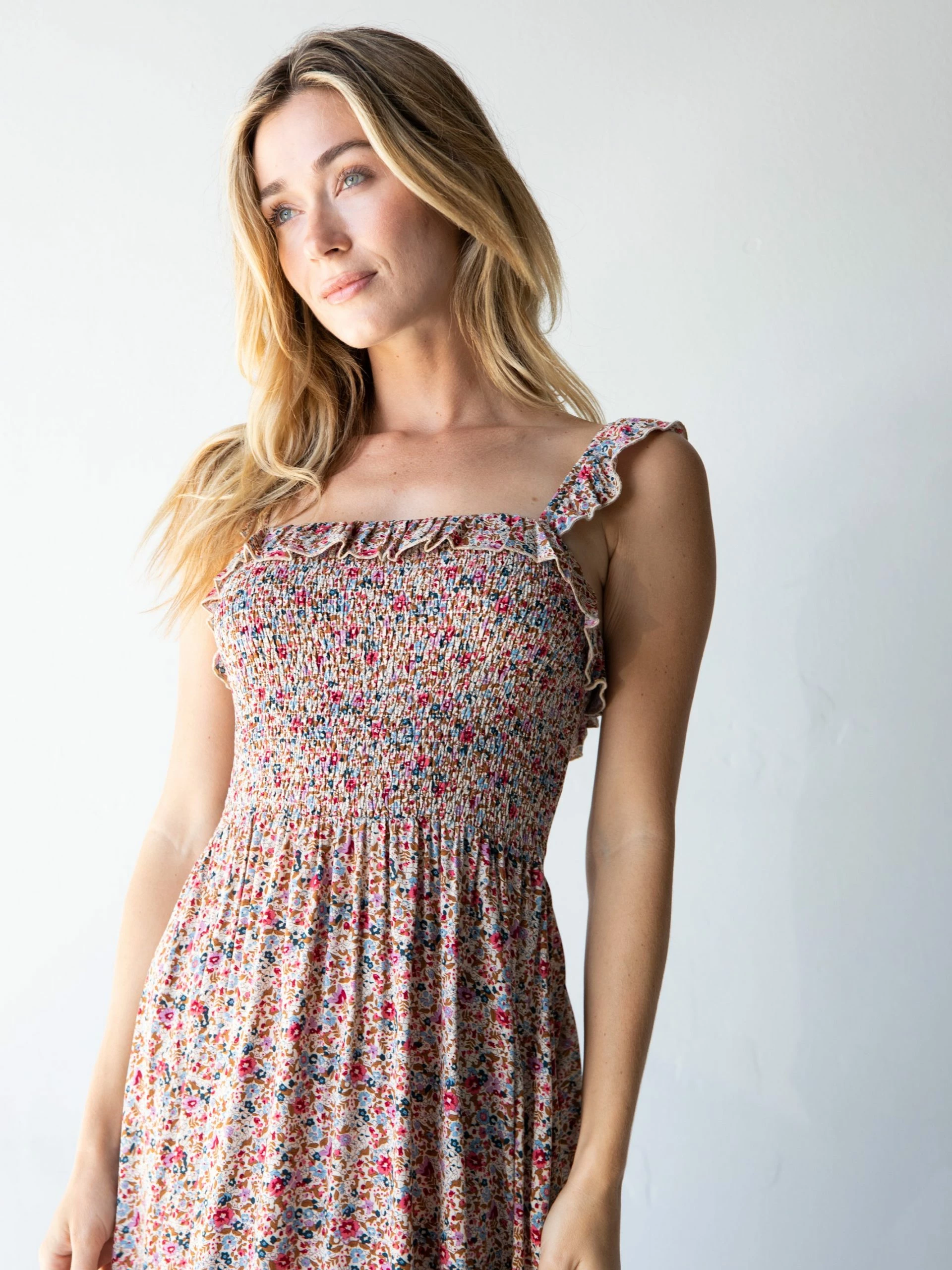 Natural Life Megan Smocked Midi Dress - Cream Pink Floral 4 Natural Life Megan Smocked Midi Dress - Cream Pink Floral - Image 2