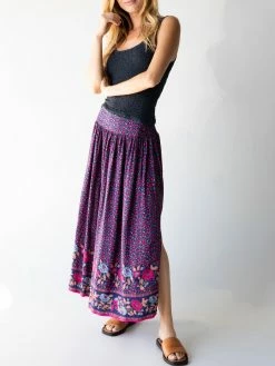 Natural Life Addie Midi Skirt - Navy Pink Floral Border