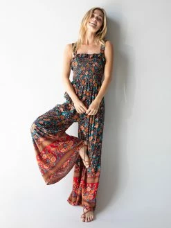 Natural Life Megan Smocked Jumpsuit - Navy Red Floral Border -Natural Life Shop 1A2A5128