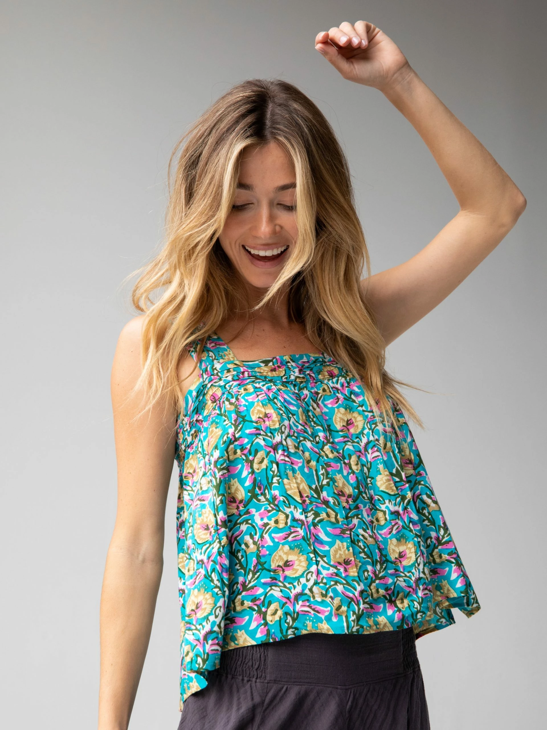 Natural Life Kate Pleated Tank Top - Turquoise Floral 3 Natural Life Kate Pleated Tank Top - Turquoise Floral
