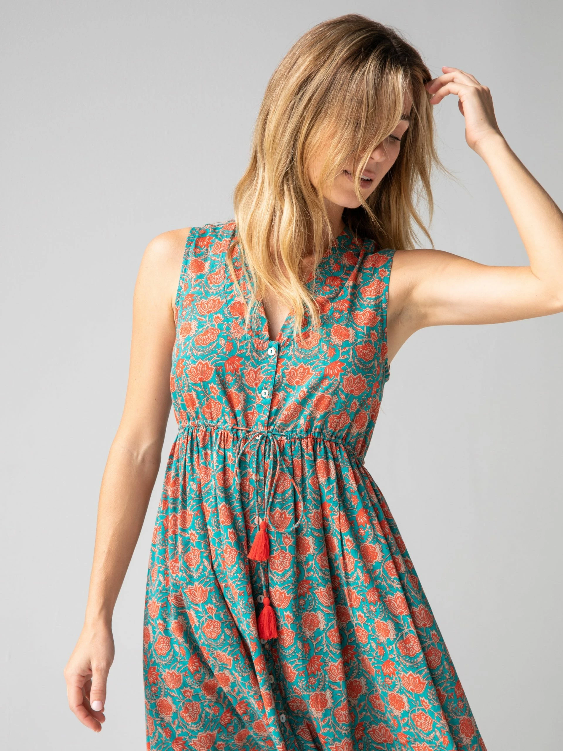 Natural Life Amelia Sleeveless Shirt Dress - Turquoise Vines 4 Natural Life Amelia Sleeveless Shirt Dress - Turquoise Vines - Image 2