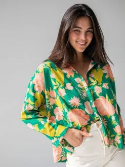 Natural Life Lara Button Down - Green Coral Floral