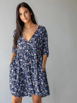 Natural Life Stella V-Neck Dress - Navy Tan Floral
