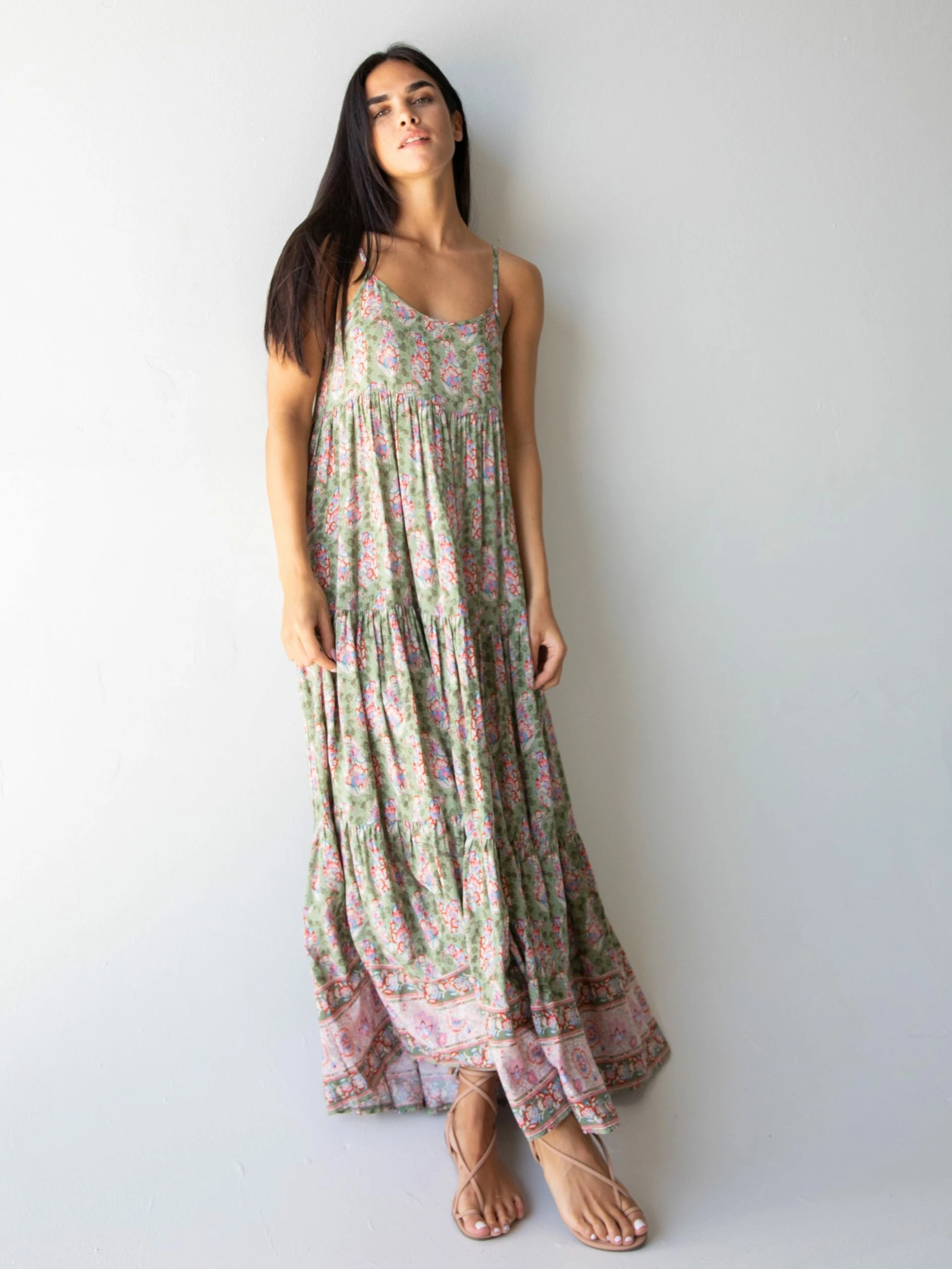 Natural Life Madi Long Slip Dress - Light Green Floral Border 6 Natural Life Madi Long Slip Dress - Light Green Floral Border - Image 4
