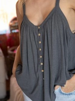 Natural Life Relaxed Button Down Tank Top - Charcoal -Natural Life Shop 1A2A9368