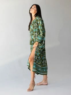 Natural Life Dara Woven Maxi Dress - Olive Floral Border