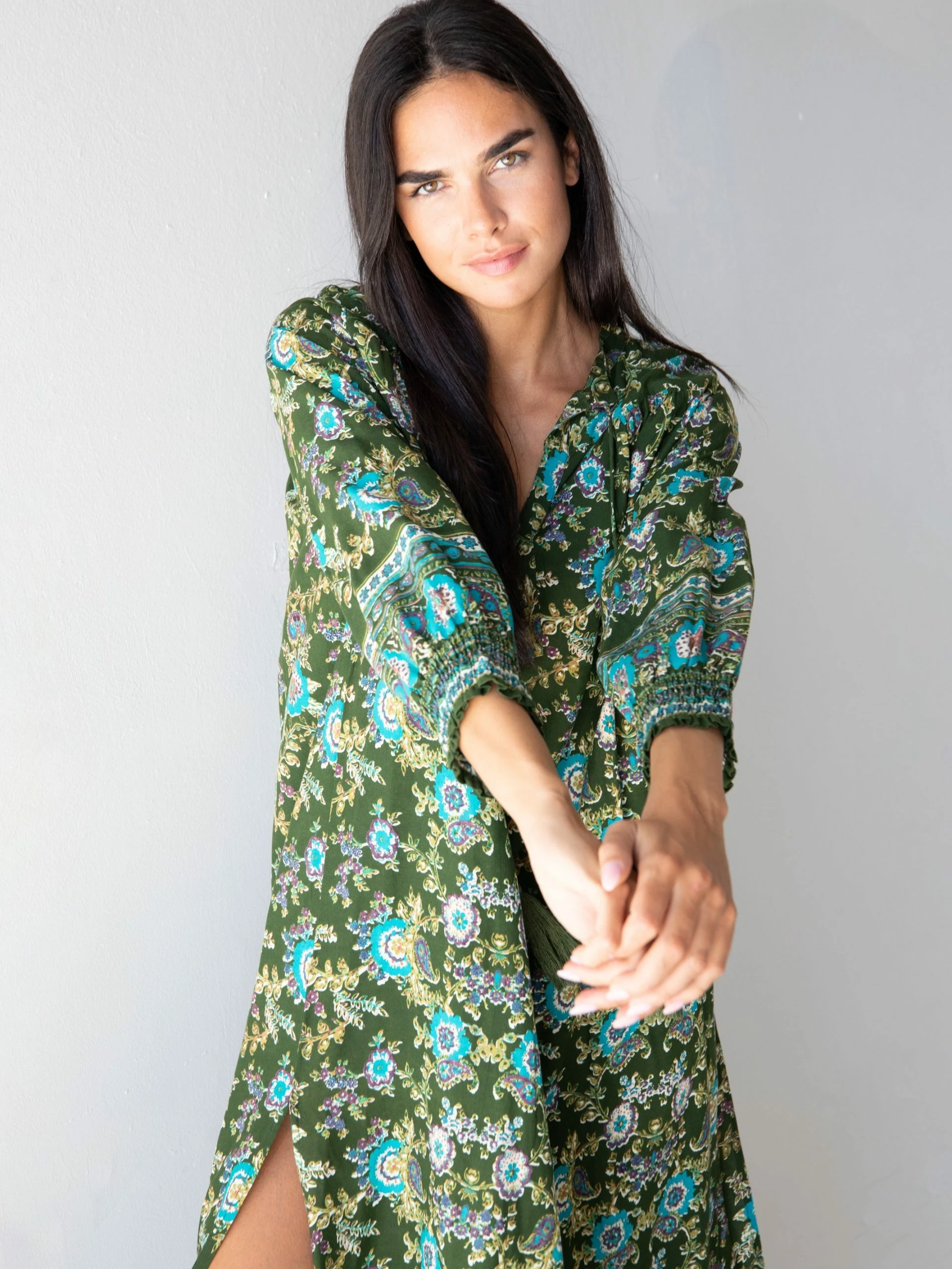 Natural Life Dara Woven Maxi Dress - Olive Floral Border 5 Natural Life Dara Woven Maxi Dress - Olive Floral Border - Image 3