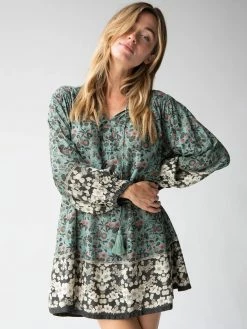 Natural Life Dara V-Neck Mini Dress - Sage Black Floral Border -Natural Life Shop 484A0464 20copy