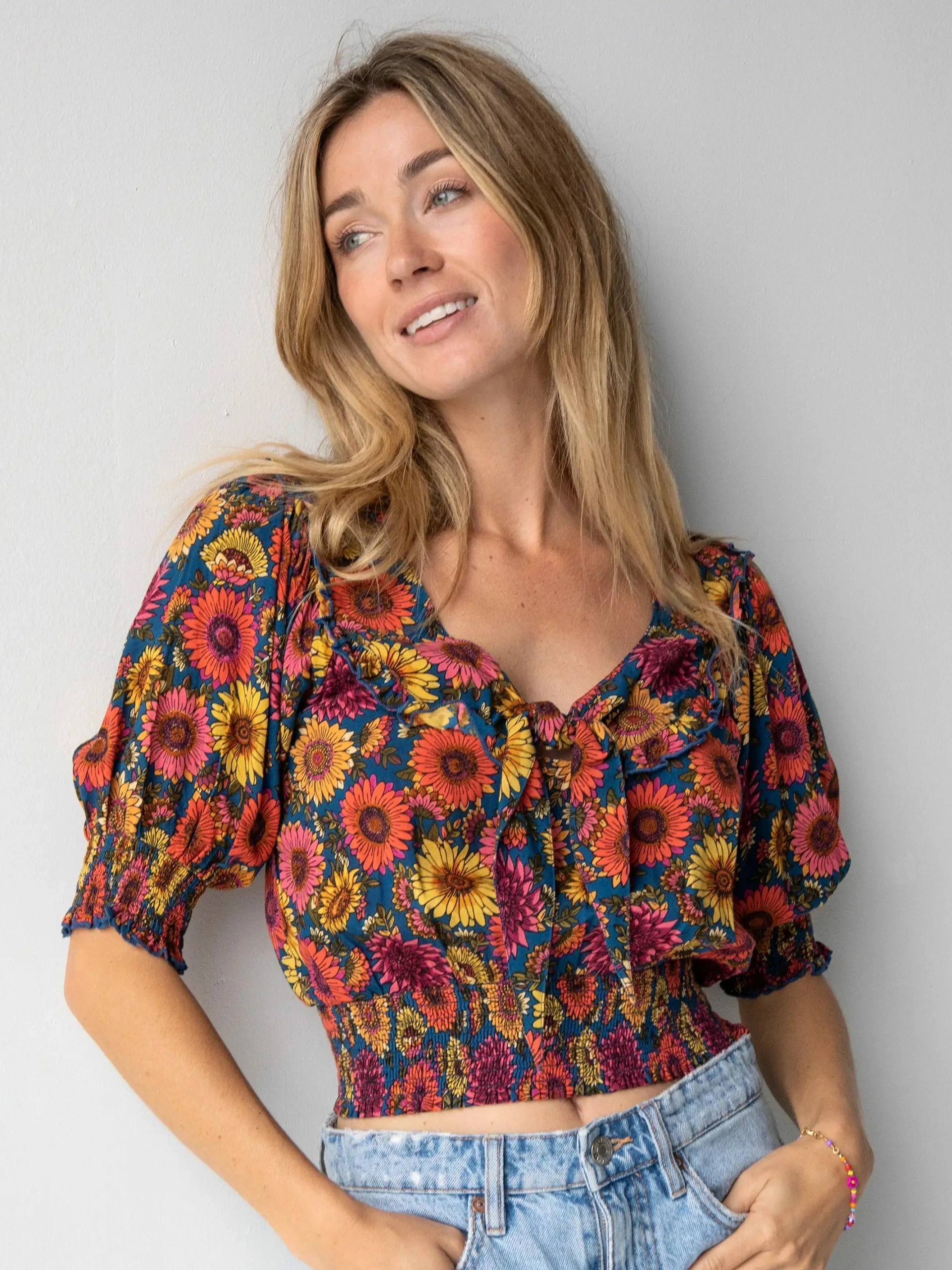 Natural Life Good Vibes Smocked Top - Sunflower 3 Natural Life Good Vibes Smocked Top - Sunflower