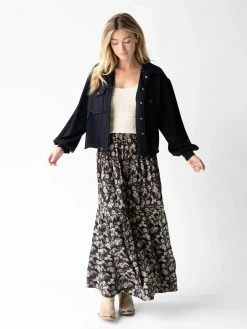 Natural Life Calla Maxi Skirt - Black Tan Leafy Floral
