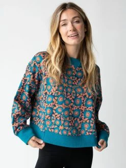 Natural Life Selah Printed Sweatshirt - Teal Dahlias