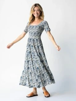 Natural Life Daisy Tiered Midi Dress - Ivory Blue Vines
