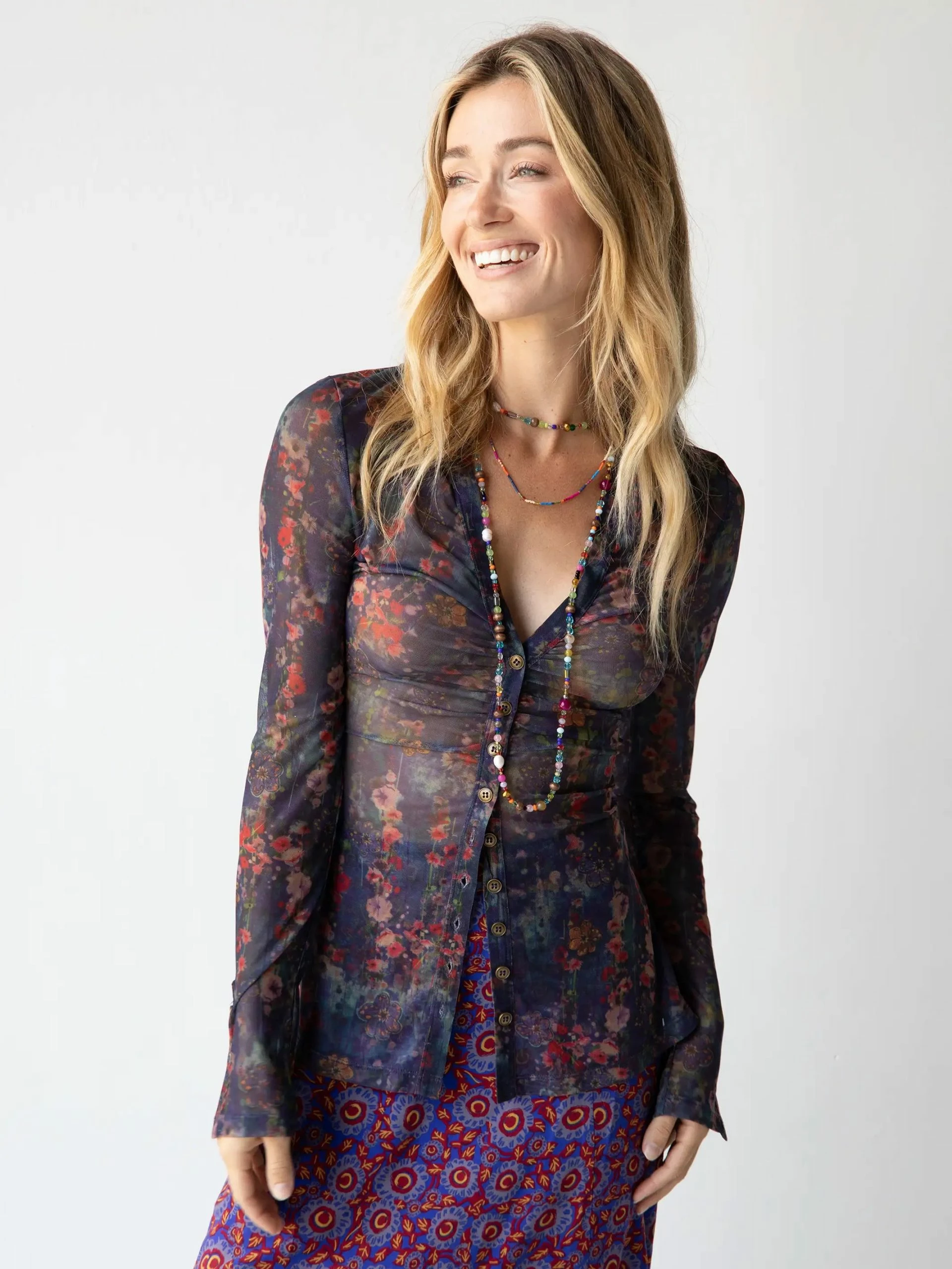 Natural Life Carina Mesh Top - Watercolor Indigo Floral 4 Natural Life Carina Mesh Top - Watercolor Indigo Floral - Image 2