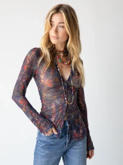 Natural Life Carina Mesh Top - Watercolor Indigo Floral
