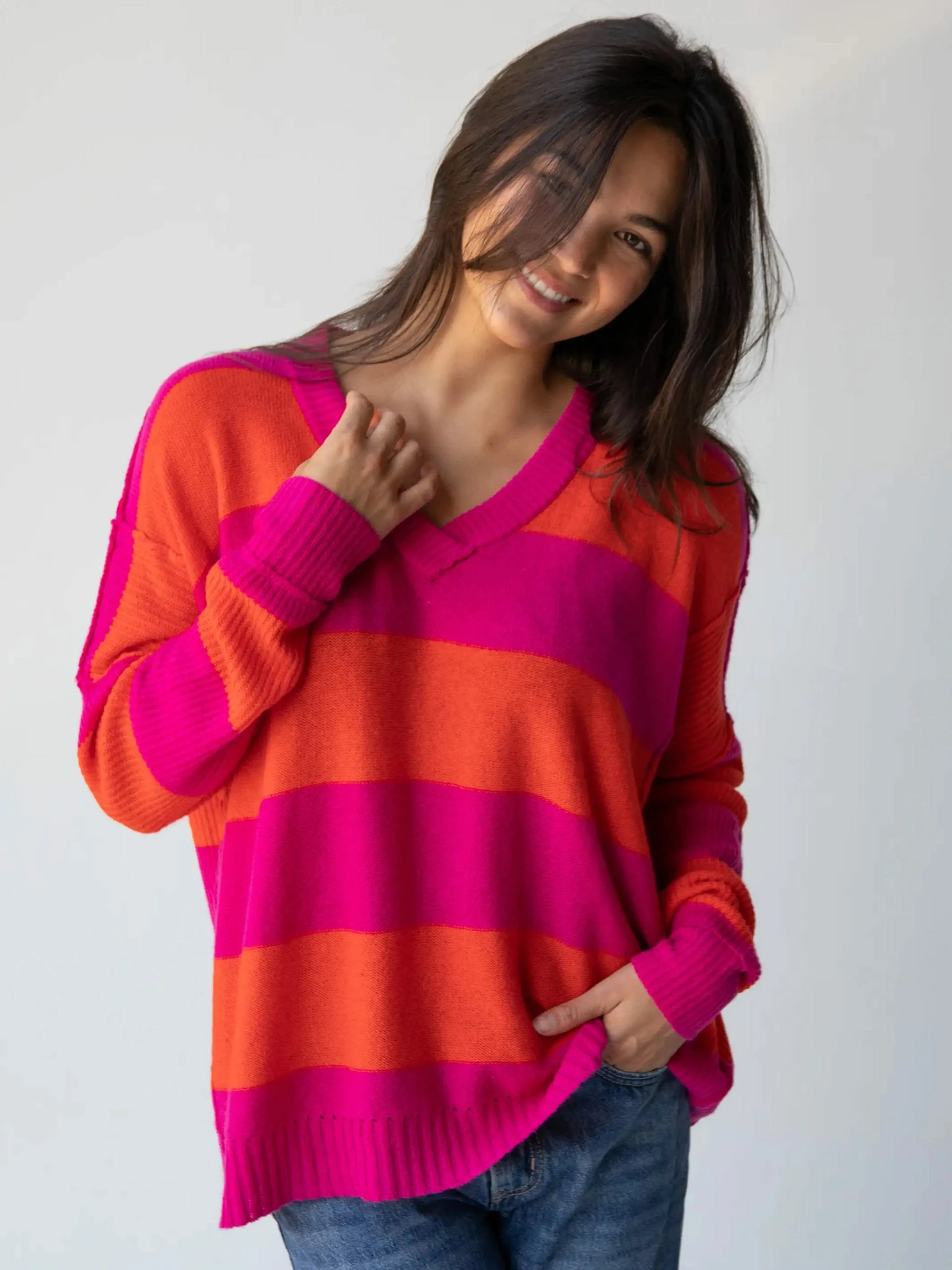Natural Life Slouchy V-Neck Sweater - Pink Stripe 3 Natural Life Slouchy V-Neck Sweater - Pink Stripe