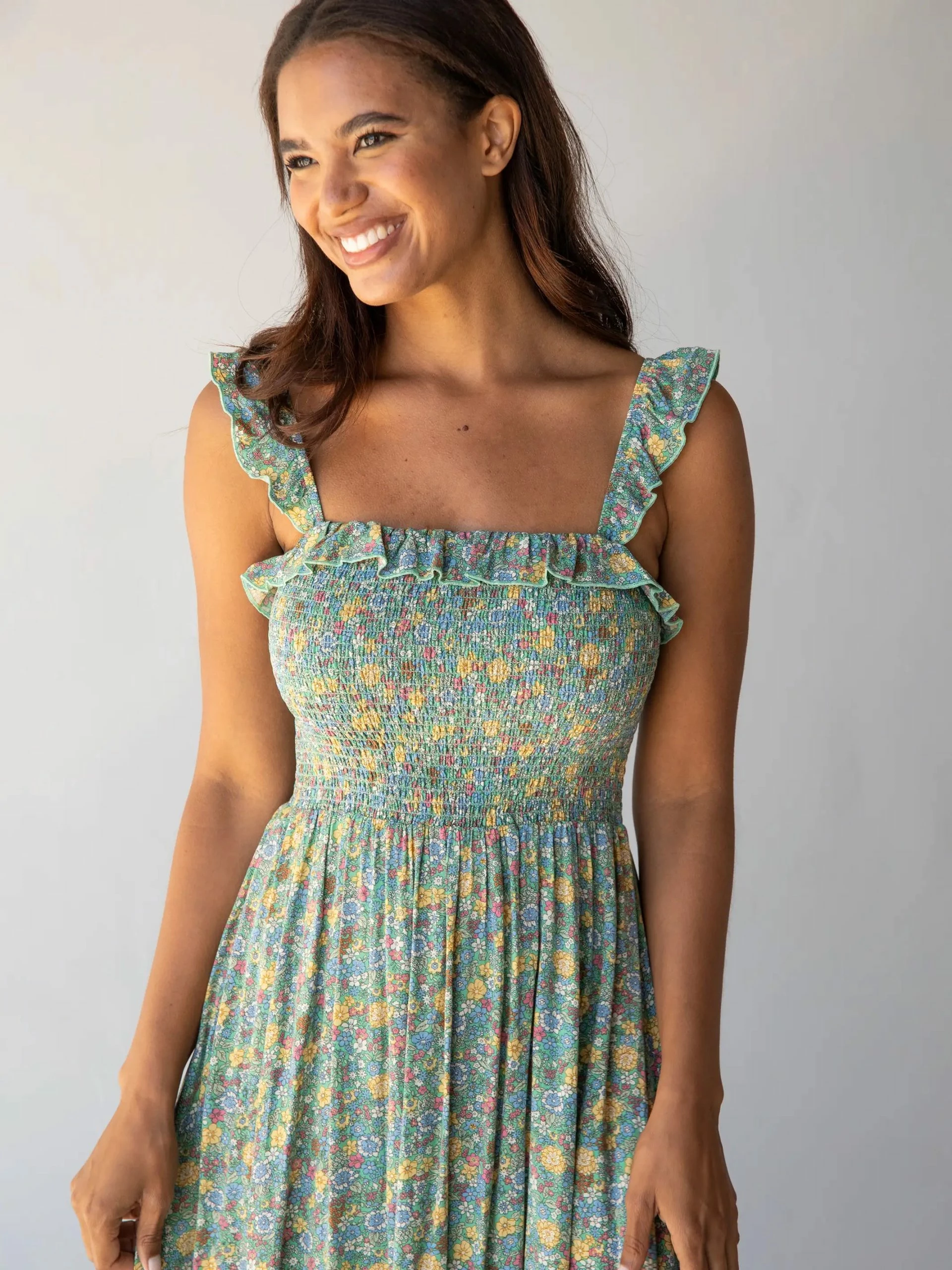 Natural Life Megan Smocked Midi Dress - Green Blue Floral 3 Natural Life Megan Smocked Midi Dress - Green Blue Floral