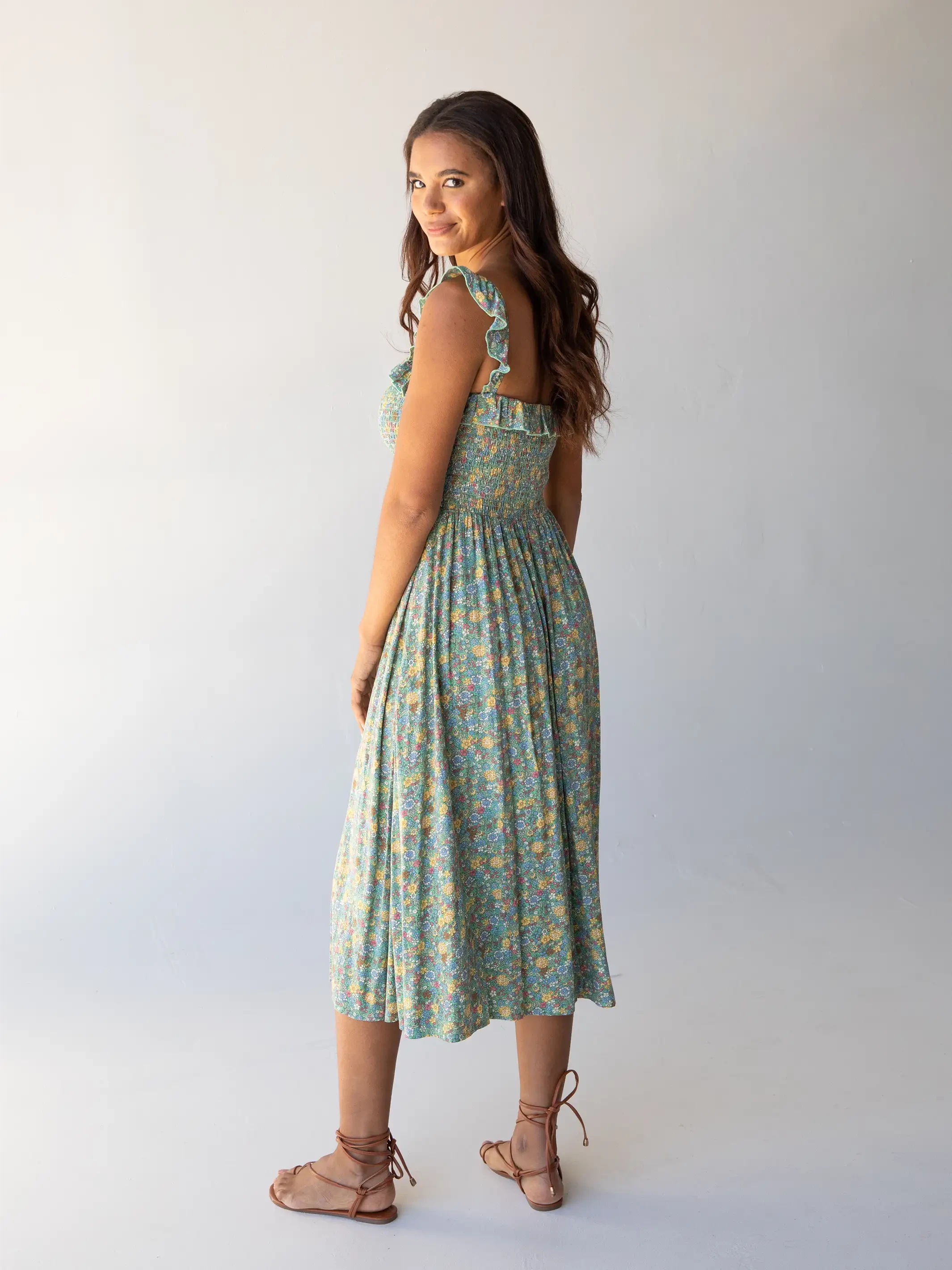 Natural Life Megan Smocked Midi Dress - Green Blue Floral 5 Natural Life Megan Smocked Midi Dress - Green Blue Floral - Image 3
