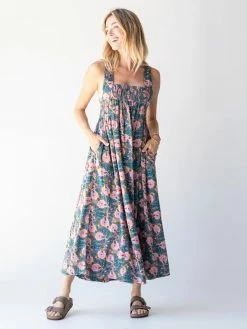 Natural Life Claudia Smocked Maxi Dress - Pink Blue Floral