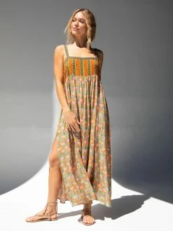 Natural Life Patti Side Slit Maxi Dress - Turquoise Orange Mixed Print