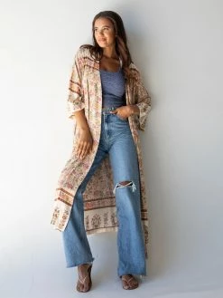 Natural Life Let's Go West Kaftan - Dusty Rose Floral Border