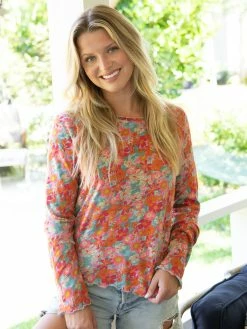 Natural Life Lily Printed Knit Long Sleeve Tee Shirt - Bright Pink Red Floral