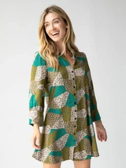 Natural Life Twiggy Mini Shirt Dress - Green Floral Patchwork