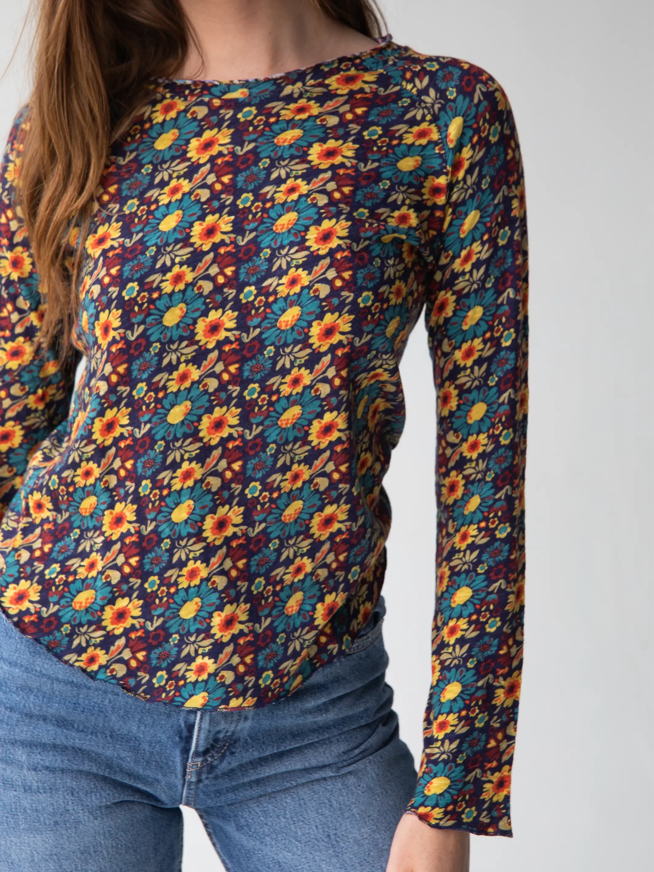 Natural Life Lily Printed Knit Long Sleeve Tee Shirt - Navy Olive Floral 3 Natural Life Lily Printed Knit Long Sleeve Tee Shirt - Navy Olive Floral