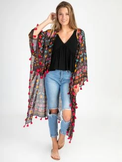Natural Life Nandita Vintage Kimono - Charcoal Border Print -Natural Life Shop Border Print Kimono Charcoal Border Print A1