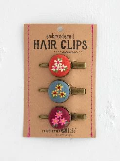 Natural Life Embroidered Button Hair Clips, Set Of 3