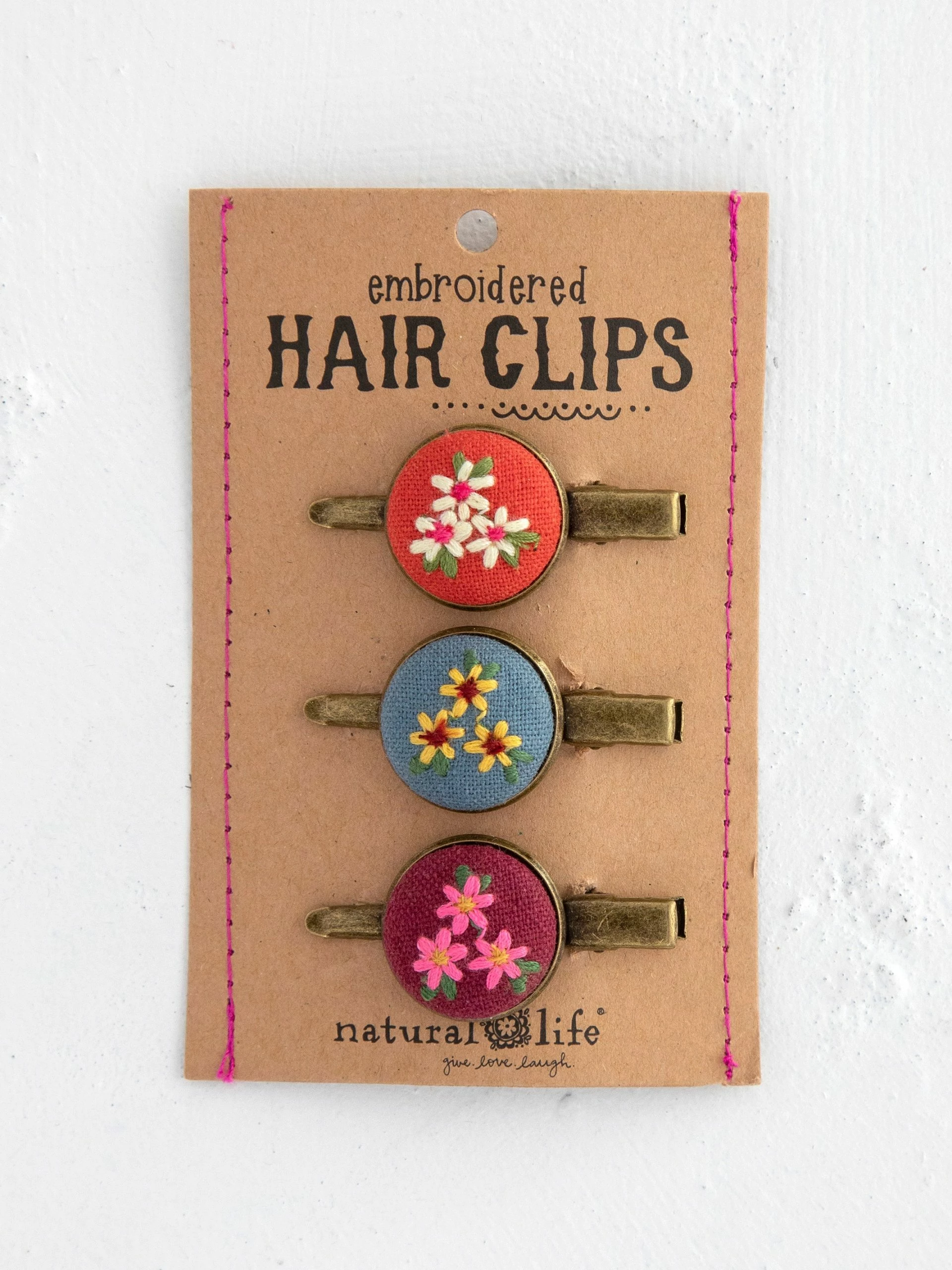 Natural Life Embroidered Button Hair Clips, Set Of 3 3 Natural Life Embroidered Button Hair Clips, Set Of 3