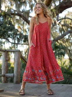 Natural Life Jamie V-Neck Jumpsuit - Red Floral Border