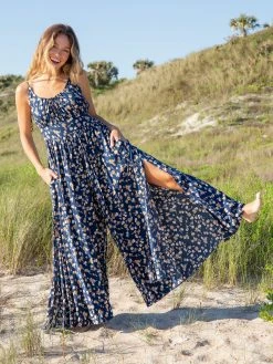 Natural Life Golden Eye Wide-Leg Jumpsuit - Navy Tan Floral -Natural Life Shop JUMP448 2