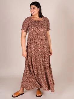Natural Life Daisy Tiered Midi Dress - Rusty Floral -Natural Life Shop LHDRS1293 Daisy Dress Rust L XL