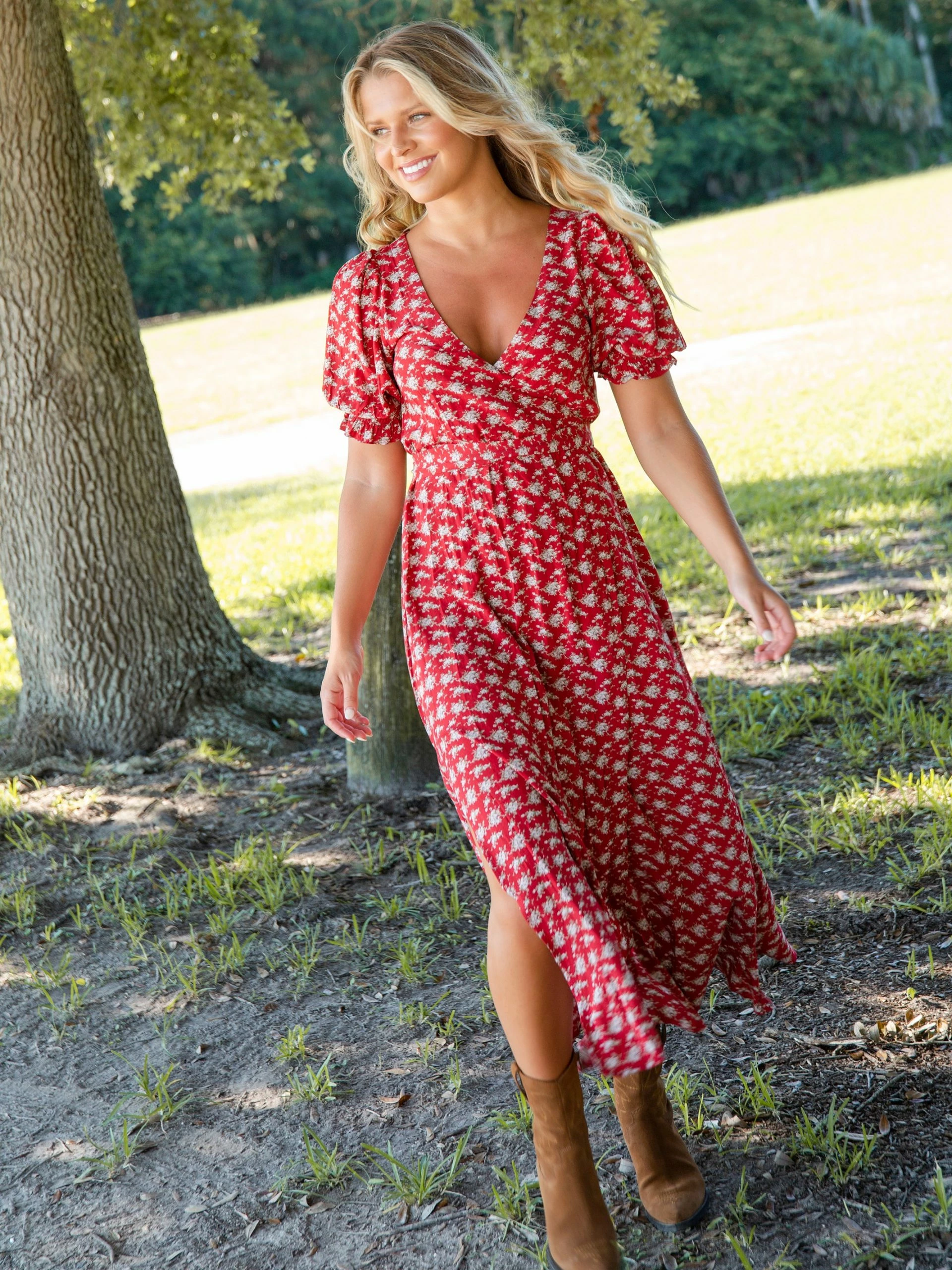 Natural Life Sophia Wrap Midi Dress - Red Ditsy Floral 4 Natural Life Sophia Wrap Midi Dress - Red Ditsy Floral - Image 2