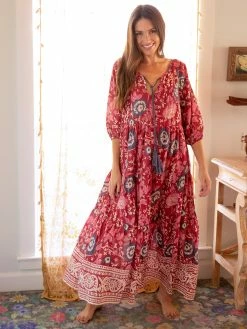 Natural Life Auguste Boho Maxi Dress - Red Pink Border