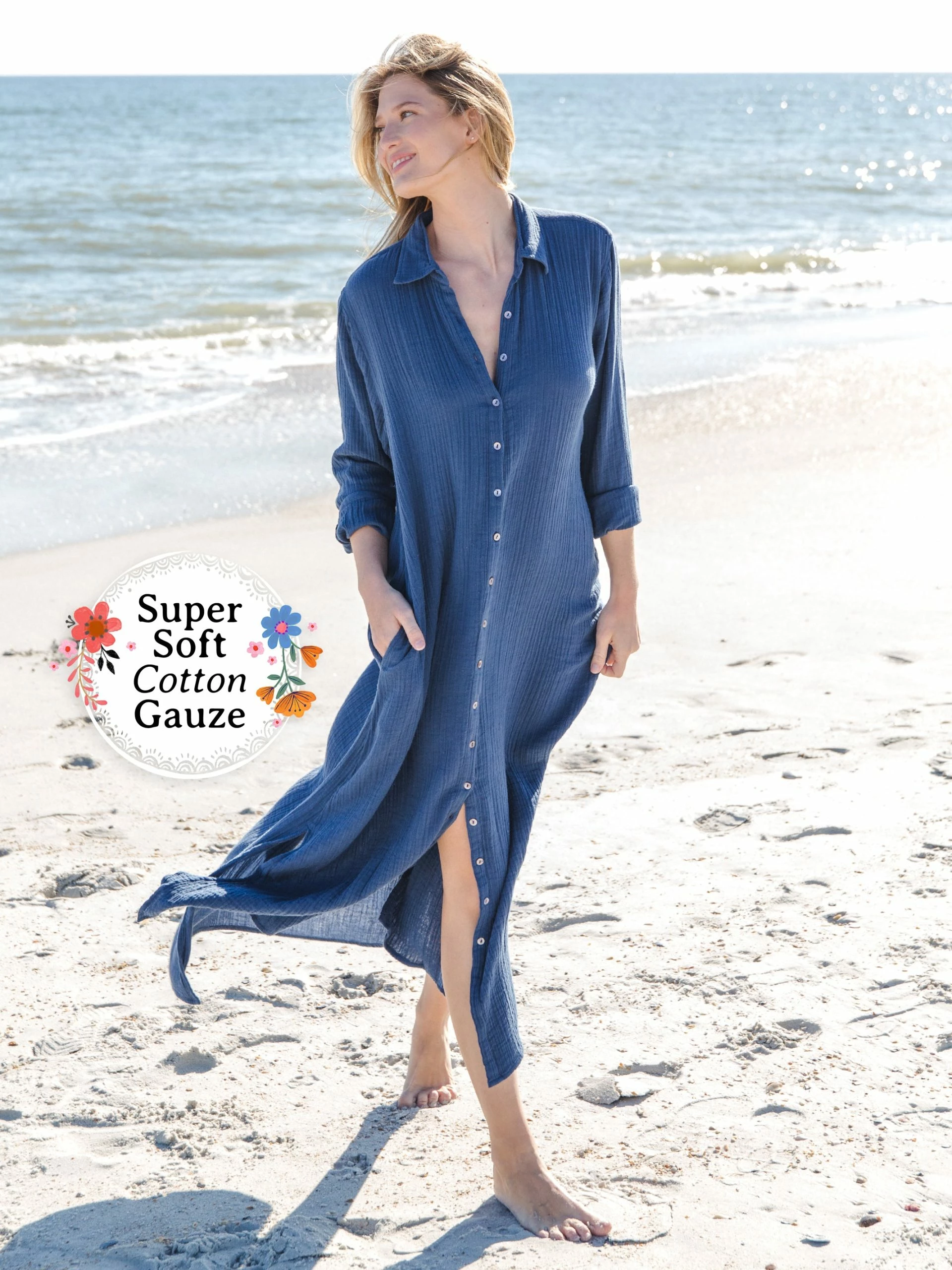 Natural Life Drew Gauze Shirt Dress - Blue 3 Natural Life Drew Gauze Shirt Dress - Blue