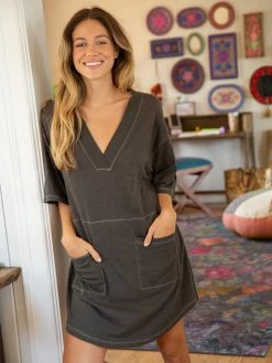 Natural Life Charlie V-Neck Dress - Charcoal