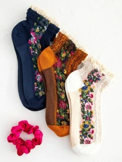 Natural Life Sock And Scrunchie Set - Navy Floral Border -Natural Life Shop SOCK170 1