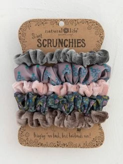 Natural Life Print And Velvet Scrunchies, Set Of 5 - Grey
