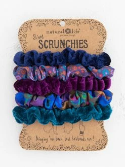 Natural Life Print And Velvet Scrunchies, Set Of 5 - Navy