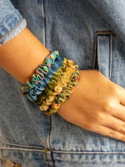 Natural Life Print And Velvet Scrunchies, Set Of 5 - Sage -Natural Life Shop Skinny Printed and Velvet Scrunchies Sage A5