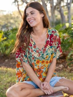 Natural Life Easy V-Neck Top - Gold Vintage Floral