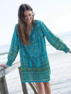 Natural Life Dara V-Neck Mini Dress - Green Turquoise Border