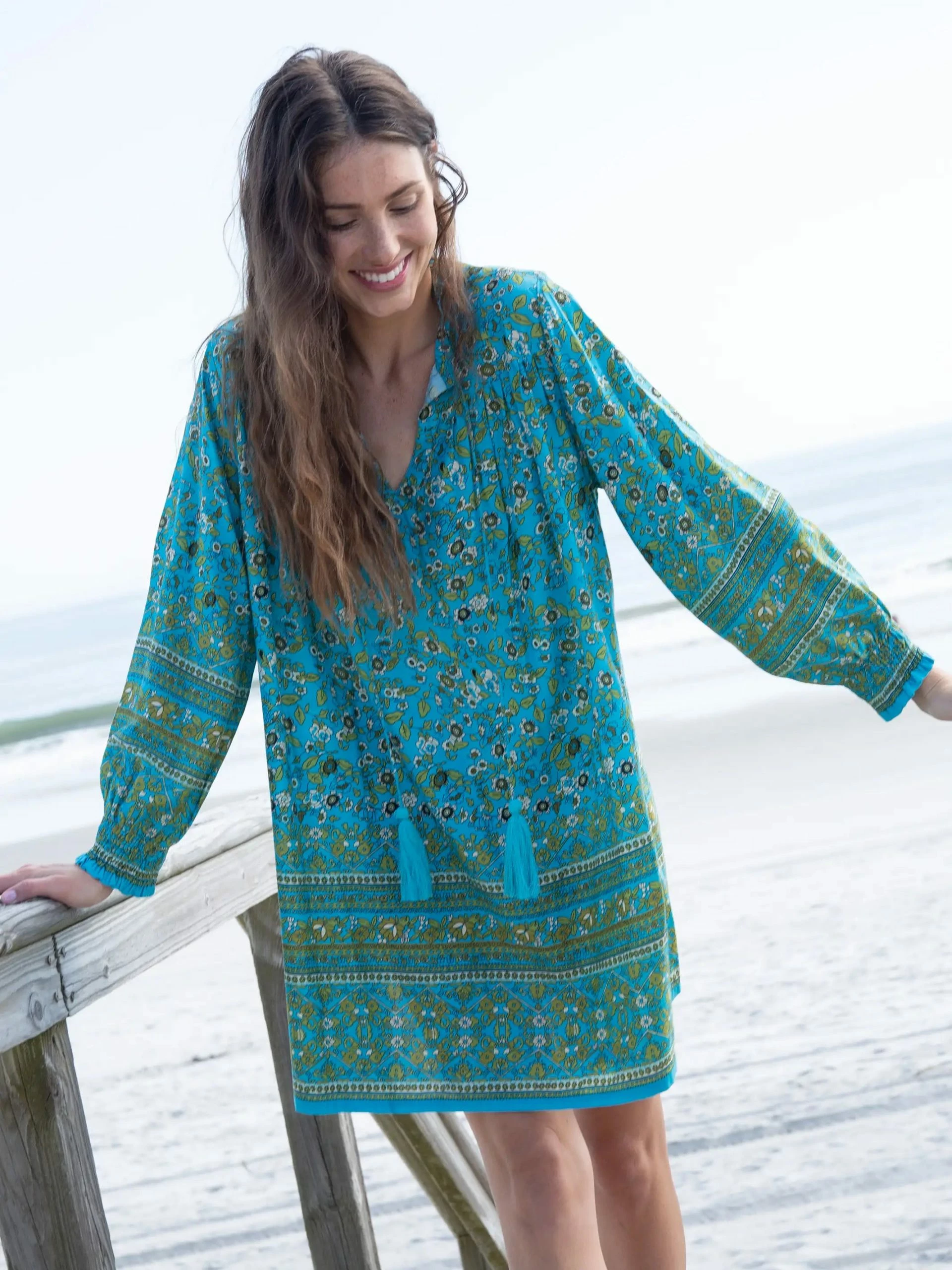 Natural Life Dara V-Neck Mini Dress - Green Turquoise Border 3 Natural Life Dara V-Neck Mini Dress - Green Turquoise Border